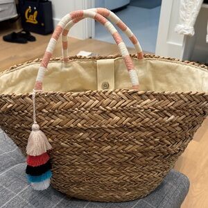 Woven Straw Tote Bag with Multicolor Handle